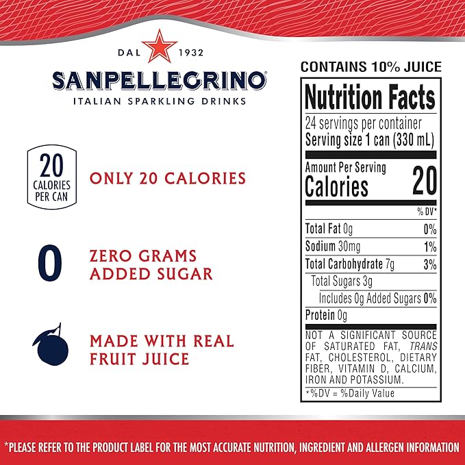 Sanpellegrino Zero Grams Added Sugar Italian Sparkling Drinks Blood Orange, Sparkling Orange and Blood Orange Beverage, 24 Pack of 11.15 Fl Oz Cans