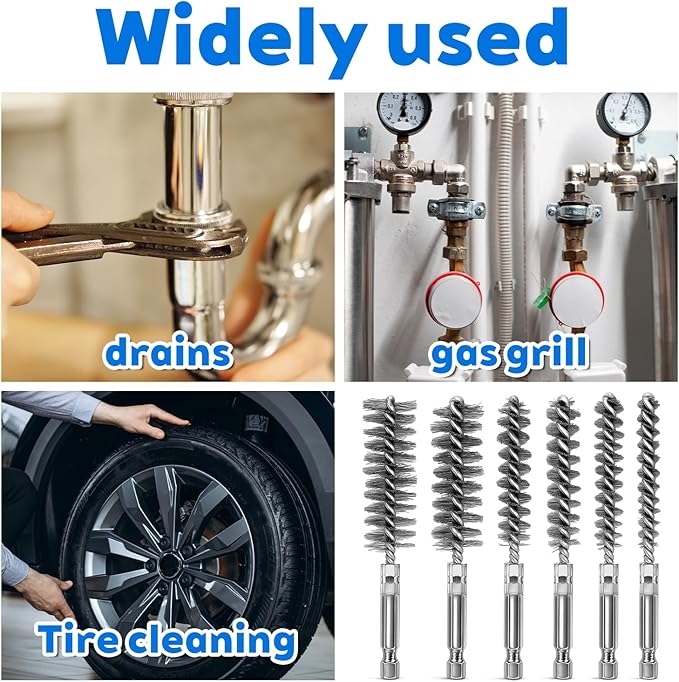 6 Pcs Stainless Steel Bore Brush Copper Pipe Cleaner, 6 Size Twisted Wire Cleaning Brush Set with 1/4 Inch Hex Shank for Cleaning Tubes Rust Bearings(8, 10, 12, 15, 17, 19mm)