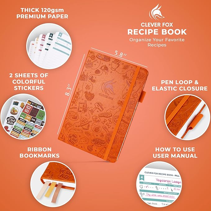 Clever Fox Recipe Book – Blank Family Cookbook – Empty Cooking Journal – Notebook Organizer to Write In Recipes – Medium, A5 (Orange)