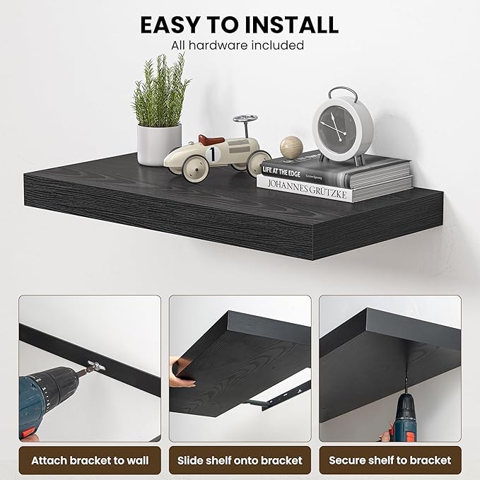 Dreamland 48" Floating Shelves for Wall, 12" Deep Thicker Black Floating Shelves, Wall-Mounted Shelves for Bedroom, Living Room, Kitchen, Bathroom - Set of 2