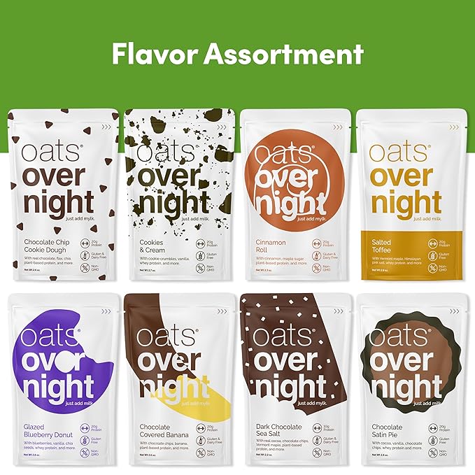 Oats Overnight Dessert Variety Pack - High Protein, High Fiber Breakfast Protein Shake - Gluten Free, Non GMO Protein Oatmeal - Salted Toffee, Chocolate Satin Pie & More (8 Pack + Shaker Bottle)