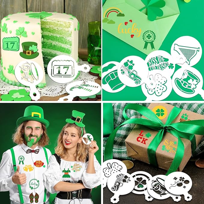 JULBEAR 36 Pieces Reusable St Patrick's Day Cookie Cake Stencils Templates Mold Tools for Cookies DIY Holiday Baking Painting Dessert Coffee Irish Face Painting St Patrick's Party Decoration