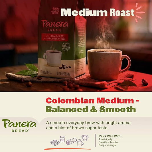 Panera Colombian Ground Coffee, Medium Roast With Brown Sugar Hints - Smooth Balanced Everyday Brew, 100% Arabica Beans, Clean Label No Artificial Ingredients - Kosher Certified, 12oz Bag Pack of 6 (72oz Total)