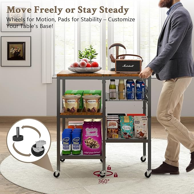 Hadulcet 4-Tier Adjustable Microwave Stand with Storage on Wheels - Rolling Kitchen Cart & Mobile Coffee Bar, Baker's Rack for Kitchen Island, Office, Living Room