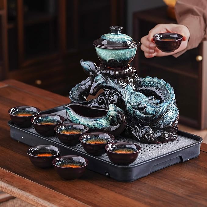 Semi Automatic Tea Set Ceramic Teapot with Infuser Magic Teapot with 8 cups Gradient Color (Gradient Dragon- D)