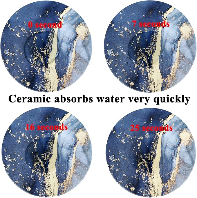 Navy Blue Marble Ceramic Coasters with Holder Absorbent Drink Coaster Set Outdoor Round Abstract Cute Table Decorative Coffee Cup Beverage Fun Wine Beer Bar Gold Housewarming 6 Pack