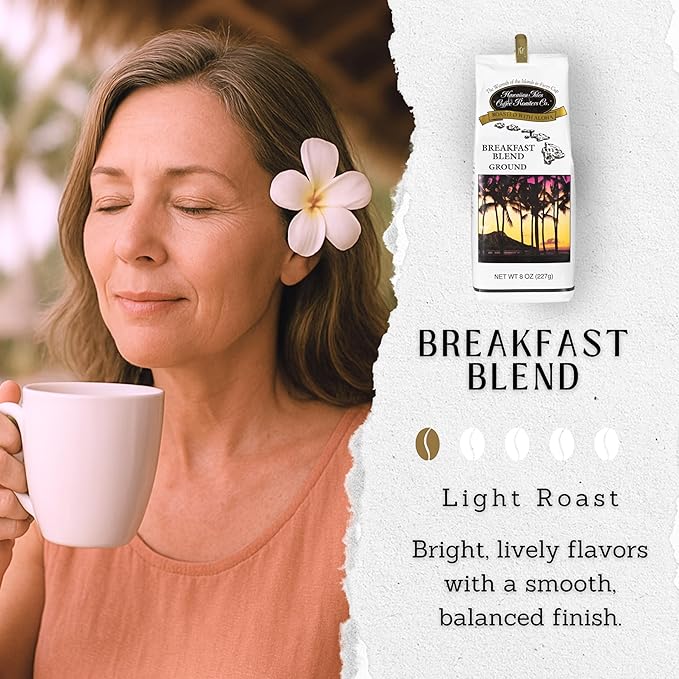 Hawaiian Isles Coffee Breakfast Blend, Light Roast Ground Coffee, Roasted with Aloha - 8 Ounce Bag