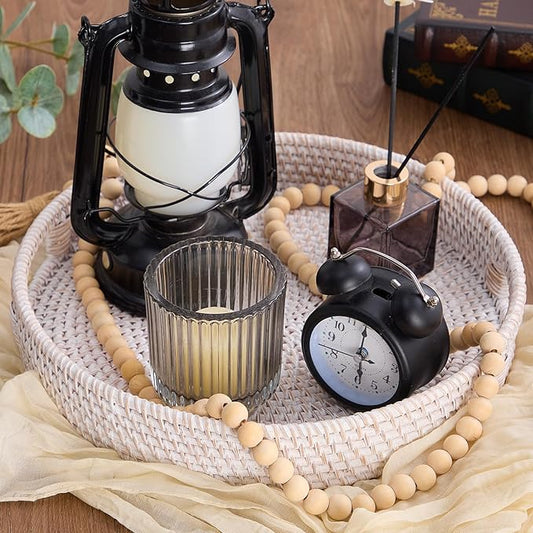 Round Rattan Serving Tray,Hand-Woven Tray with Handles, Ottoman Decorative Coffee Table Tray,Wicker Storage Basket for Tea,Fruit,Bread (Whitewash, 13.5")