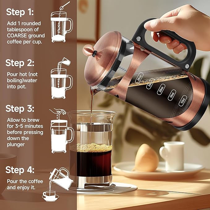 YMMIND 34 Ounce French Press Coffee Maker Copper Stainless Steel Coffee Press, with 4-Level Filter System, Heat Resistant Thickness Borosilicate Glass, BPA-Free Brewed Coffee Pot for Camping Gifts