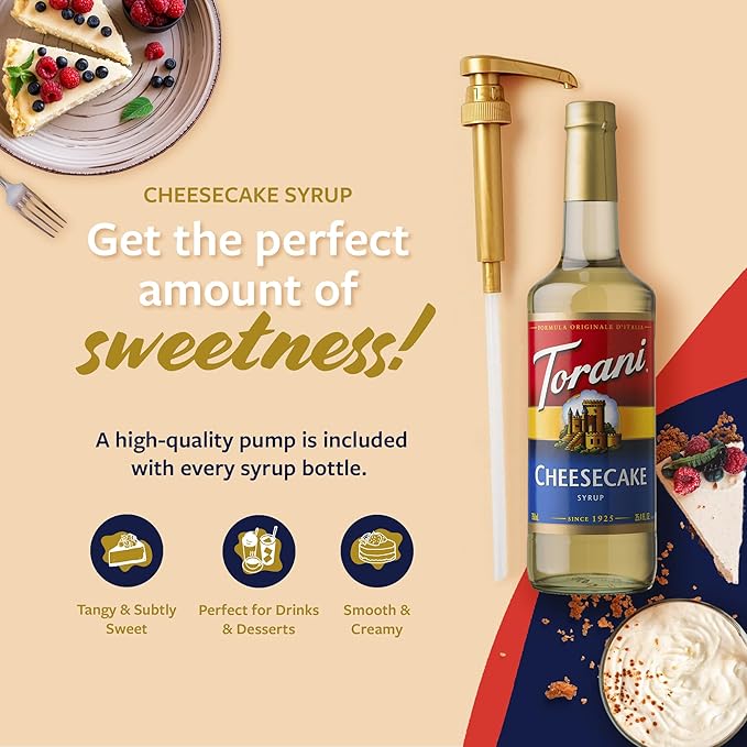 Torani Coffee Syrup, Cheesecake Flavored Syrup for Drinks, Pump Included, Glass Bottle 25.4 Fl Oz