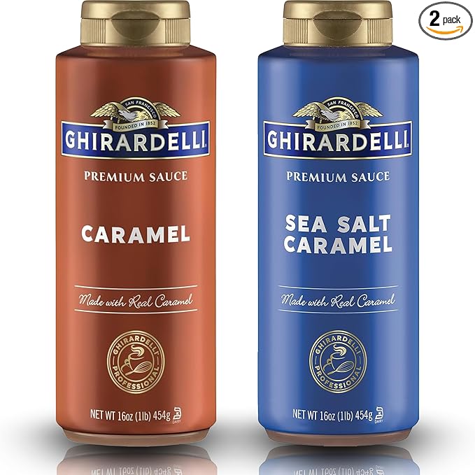 Ghirardelli Flavored Sauce Variety Pack | 16 oz Bottles (Pack of 2) | Caramel and Sea Salt Caramel Dessert Toppings for Coffee Drinks, Ice Cream, and Baking Recipes