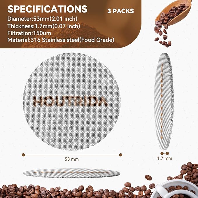 53.5mm Puck Screen 3 Pack, Reusable Espresso Screen 316 Stainless Steel, 1.7mm Thickness Portafilter Mesh 150μm Metal for Espresso 54mm Portafilter Filter Basket