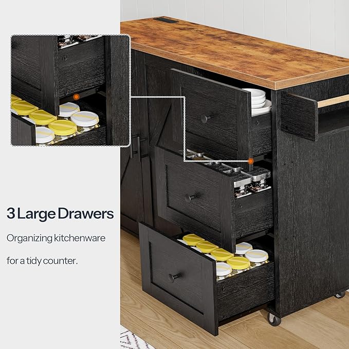 HOOBRO Kitchen Island with Power Outlet, Rolling Kitchen Island on Wheels, Island Table with 3 Large Drawers, Storage Cabinet, Spice Rack and Adjustable Shelf, Black and Rustic Brown BF15UZD01