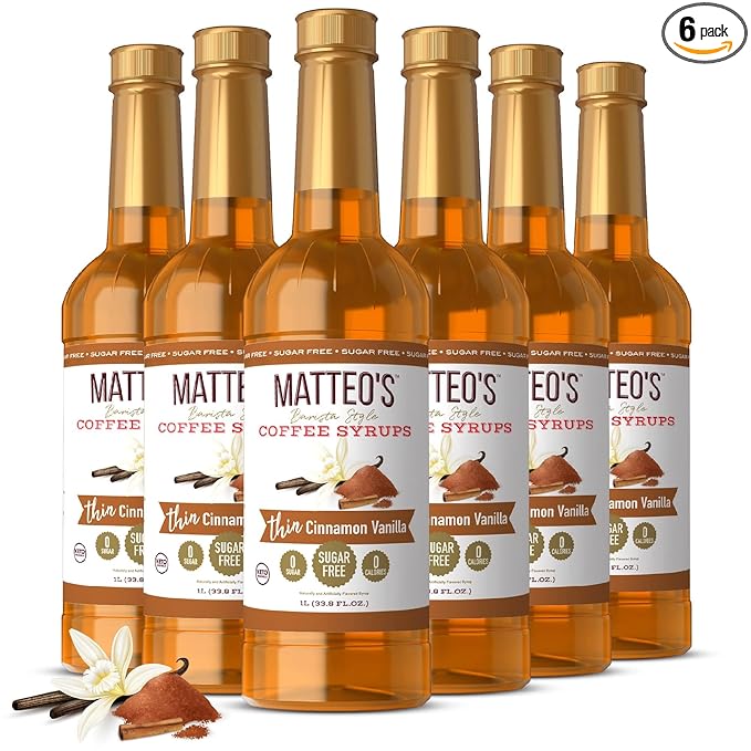 Matteo's Cinnamon Vanilla Syrup for Coffee, Lattes, Cappuccinos & Desserts – Sugar-Free Sweetener for Beverages, Keto Friendly, Zero Calories, Indulgent Flavor, Non-Alcoholic, 33.8oz (6pk)