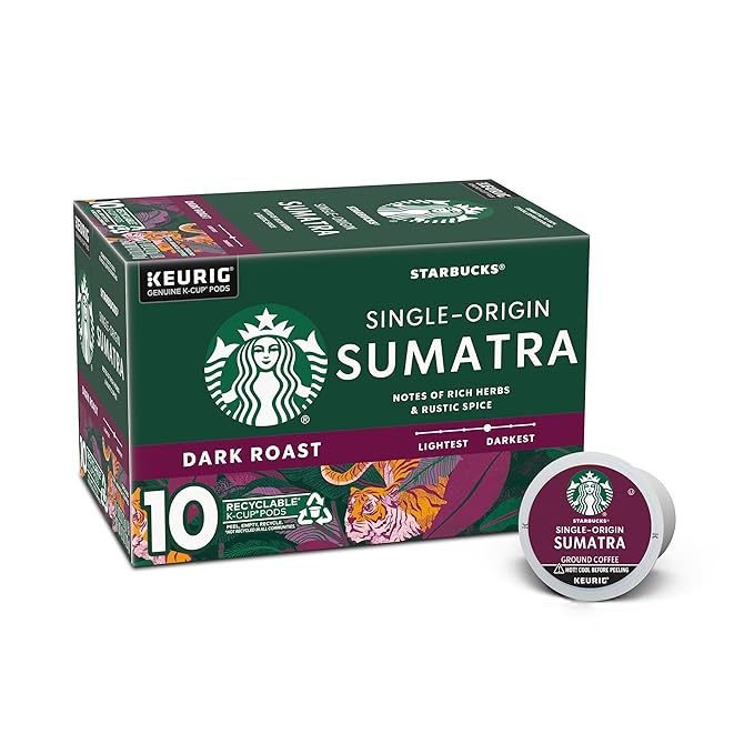 Starbucks K-Cup Coffee Pods, Dark Roast Coffee, Sumatra, 100% Arabica, 1 box (10 pods)