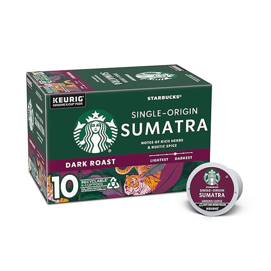 Starbucks K-Cup Coffee Pods, Dark Roast Coffee, Sumatra, 100% Arabica, 1 box (10 pods)
