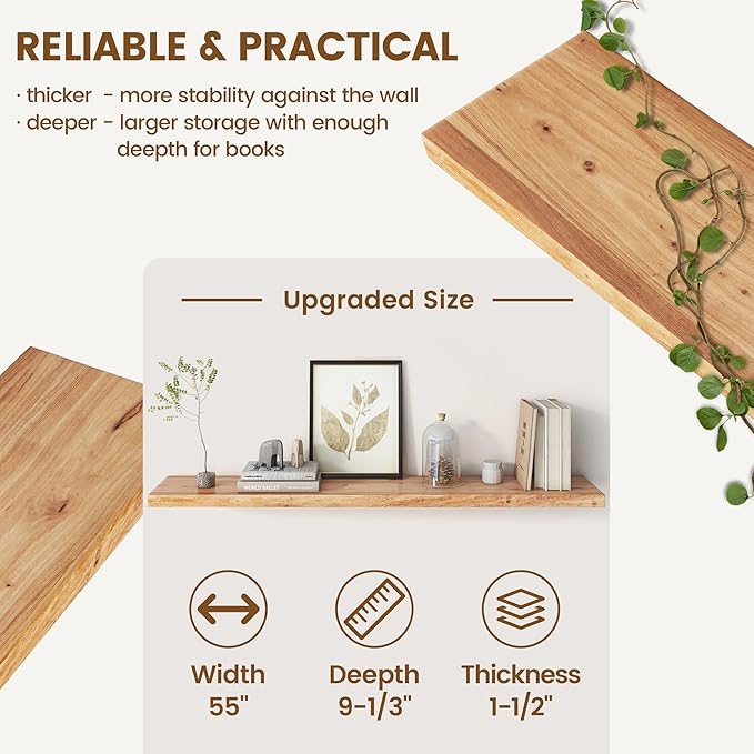 Reclaimed Elm Wood Floating Shelf for Wall, Flat Edge 55"W x 9.2"D x 1.4"H, 1 Pack with Invisible Bracket, Large Wall Mounted Shelf for Living Room Bedroom Kitchen Bathroom Decor, Natural Finish