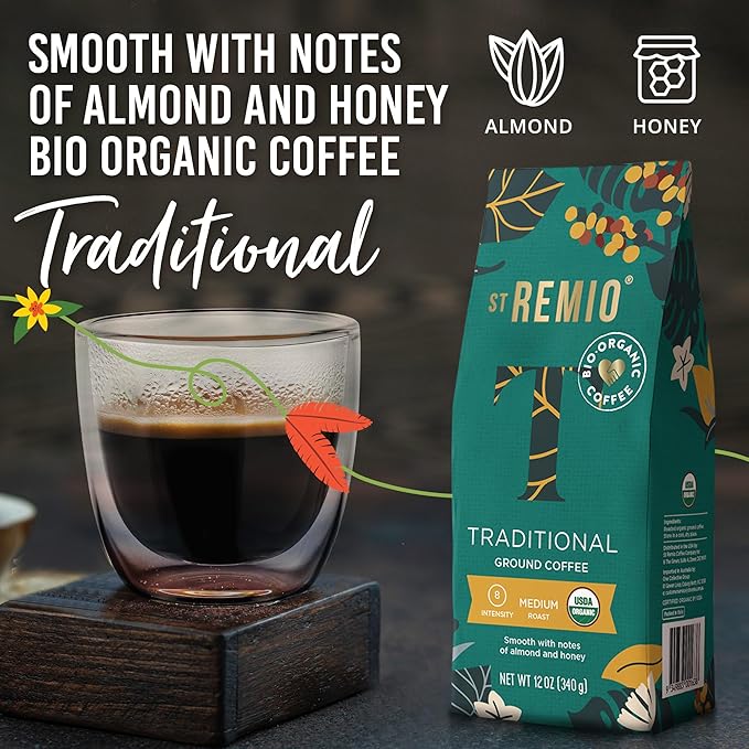 ST REMIO Ground Coffee Traditional 12 oz - Medium Roast, USDA Organic, Bio Organic, Smooth Honey and Almond Flavour, 100% Arabica Coffee Beans for Premium Traditional Drip Coffee