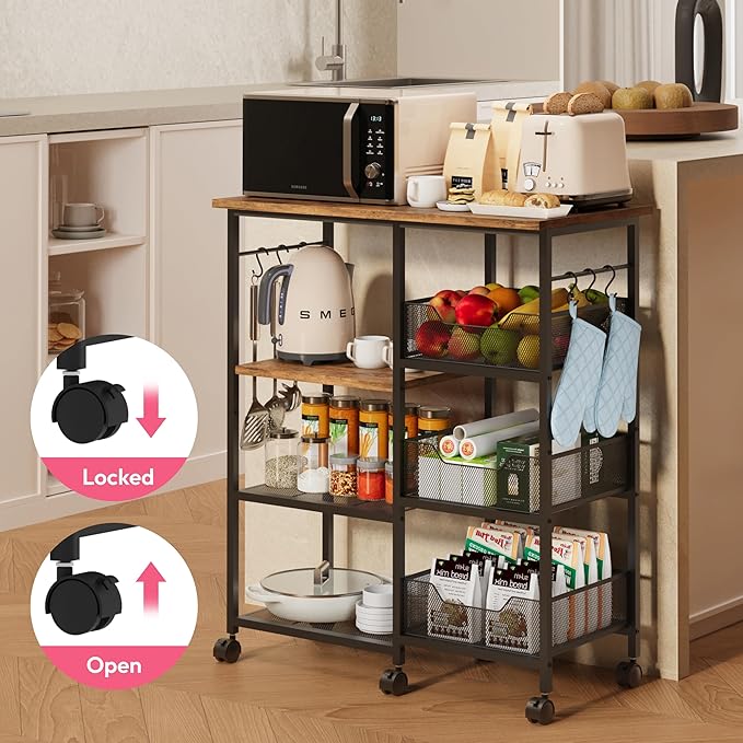 SWTYMIKI Kitchen Island Cart on Wheels - 28.35x14.57in Rolling Kitchen Table Cart with Storage Shelves, 6 Removable Hooks& Locking Casters, Coffee Bar Cabinet for Dining Room Pantry Office, Espresso