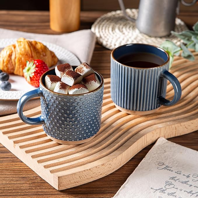 GBhome 8OZ Stackable Coffee Mugs, Ceramic Coffee Mugs with Texture Patterns for Man,Woman,Dad,Mom, Modern Coffee Cups Set of 4 for Espresso/Cappuccino/Cocoa. Dishwasher&Microwave Safe, Moonlight Blue