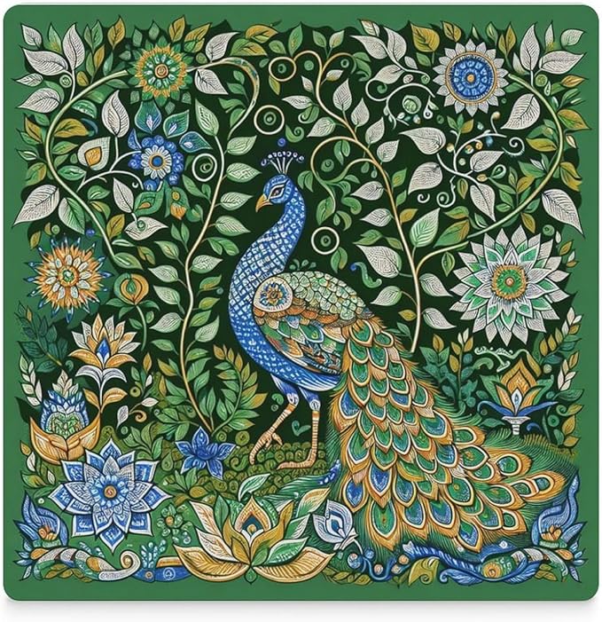 Square-6PCS Peacock Drink Coasters, Square Modern Ceramic Absorbent Coasters, Beautiful Green Plant Floral Peacock Boho Art Pattren Decor Desk Coffee Table Coaster for Beverage Cup Tea Coasters
