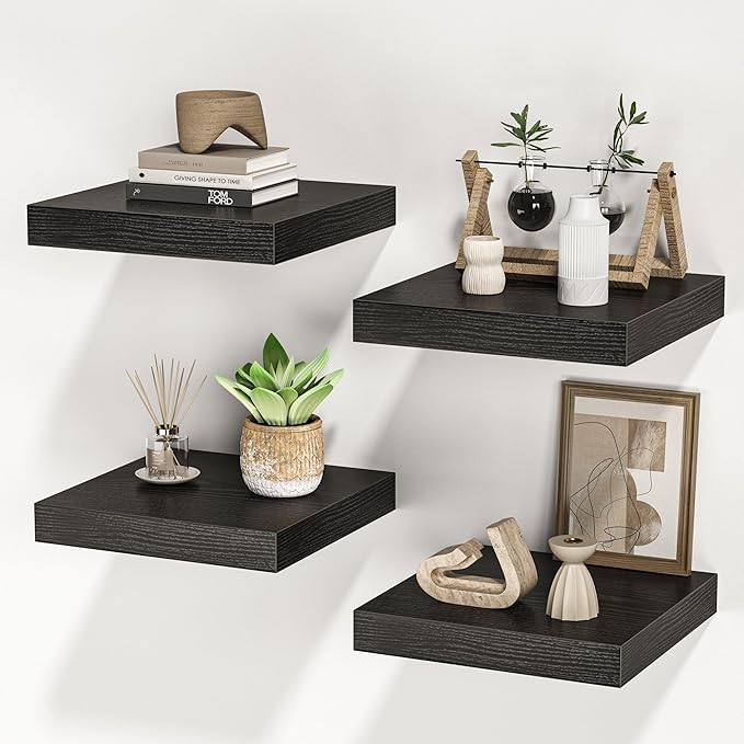 Square Floating Shelves for Wall, 10" W x 10" D x 1.4" H, Small Wooden Wall Mounted Display Shelves with Invisible Brackets for Living Room, Bedroom, Bathroom, Kitchen Decor, Set of 4, Black