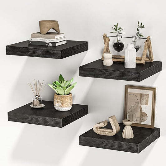 Square Floating Shelves for Wall, 10" W x 10" D x 1.4" H, Small Wooden Wall Mounted Display Shelves with Invisible Brackets for Living Room, Bedroom, Bathroom, Kitchen Decor, Set of 4, Black