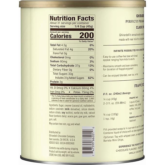Ghirardelli Classic White Premium Frappé Mix, 3.12 lb Can with Ghirardelli Stamped Barista Spoon