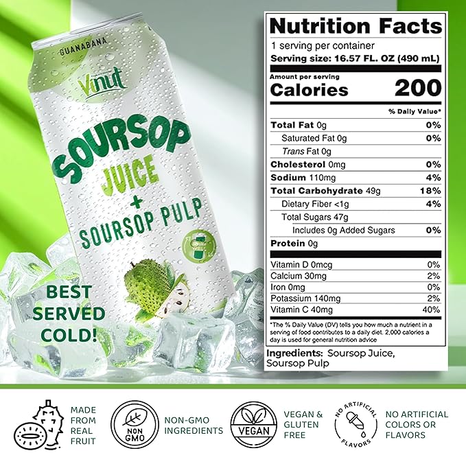 Vinut 100% Soursop Juice With Pulp (16.57 fl oz, Pack 24), No Sugar Added, Real Guanabana Soursop Graviola Drink, Fresh, Natural, Not from Concentrate (NFC)