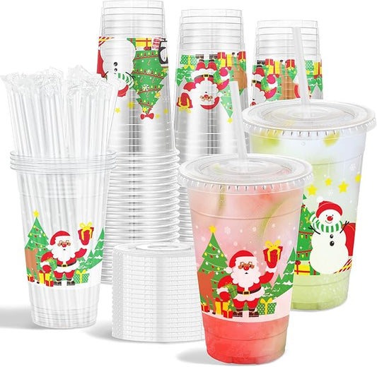 Clawsoff Christmas 20 OZ 50 Pack Plastic Cups with Lids and Straws, Sturdy Food Safe Iced Clear Coffee Cups Disposable Smoothie Cups for Cold Drinks