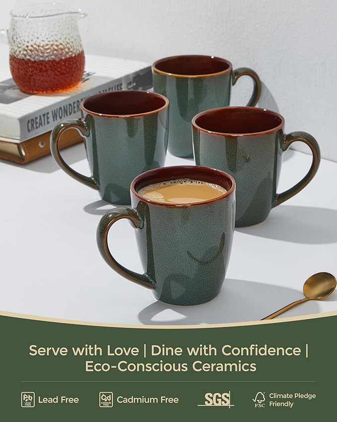Coffee Mug 14 oz, Ceramic Coffee Mugs Set of 4, Reactive Glaze Mug for Latte/Tea/Cappuccino, Large Stackable Mug Set for Men, Women, Dad, Mom, Dishwasher & Microwave Safe, Brown Green