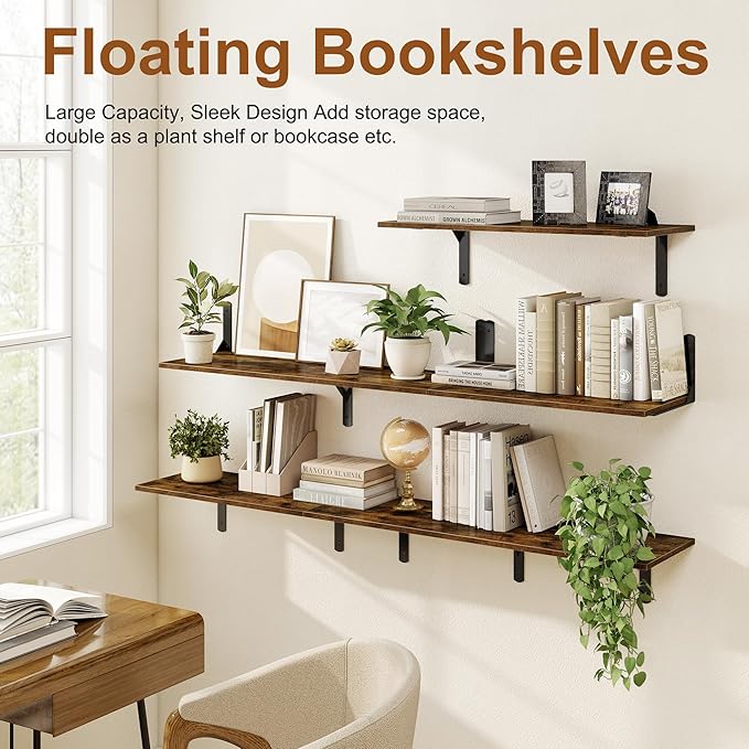 36 Inch Floating Shelves Wall Mounted, 12 Inch Deep Wall Shelves with Visible Brackets, Deep Bookshelf for Home, Rustic Bathroom Shelf, Deep Shelves for Plant, Books, Rustic Brown, Set of 2