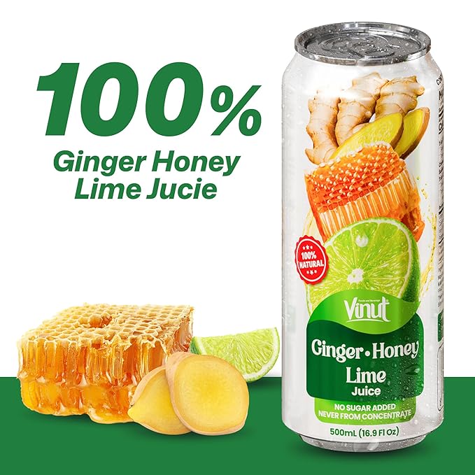 VINUT Ginger, Honey & Lime Juice, 85% Juice, No Added Sugar, Not From Concentrate, 16.9 fl oz (500 mL) Can, Pack of 12