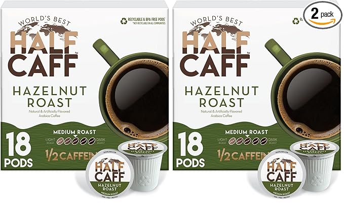 World's Best Half Caff Hazelnut Coffee Pods, 18 ct, Medium Roast Flavored Coffee in Recyclable Single Serve Pods – 100% Arabica Beans, Compatible with Keurig K Cups Maker (Pack of 2)