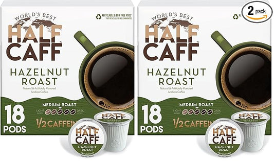 World's Best Half Caff Hazelnut Coffee Pods, 18 ct, Medium Roast Flavored Coffee in Recyclable Single Serve Pods – 100% Arabica Beans, Compatible with Keurig K Cups Maker (Pack of 2)