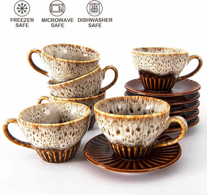 YINUOWEI 2 oz Espresso Cups Set of 6, Ceramic Cappuccino Cups with Saucers, Stackable Coffee Cup for Macchiato, Single shot, Tea, Coffee Lover Gifts, Glazed White