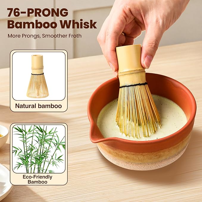 Matcha Whisk Set, Ceramic Matcha Kit Desert Style, Matcha Whisk and Bowl, Bamboo Scoop and Rest, Sifter and Tea Towel, 7 Pcs Gifts for Matcha Lover - Matte Soil