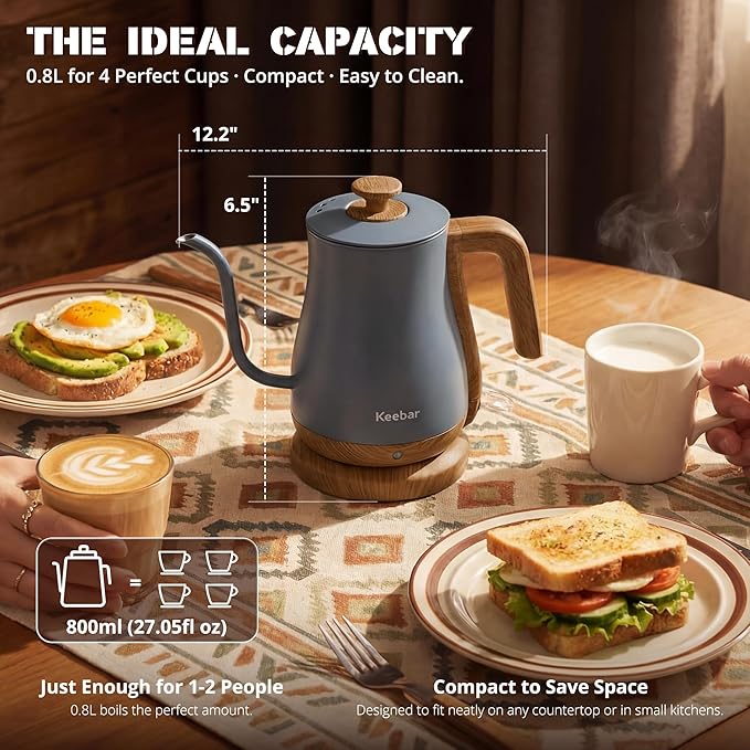 Gooseneck Electric Kettle, Electric Tea Kettle Stainless Steel, Electric Kettle for Coffee, 1000W Kettle Electric Auto Shut Off, 0.8L, Wood-like Grain Finish Handle, Gray
