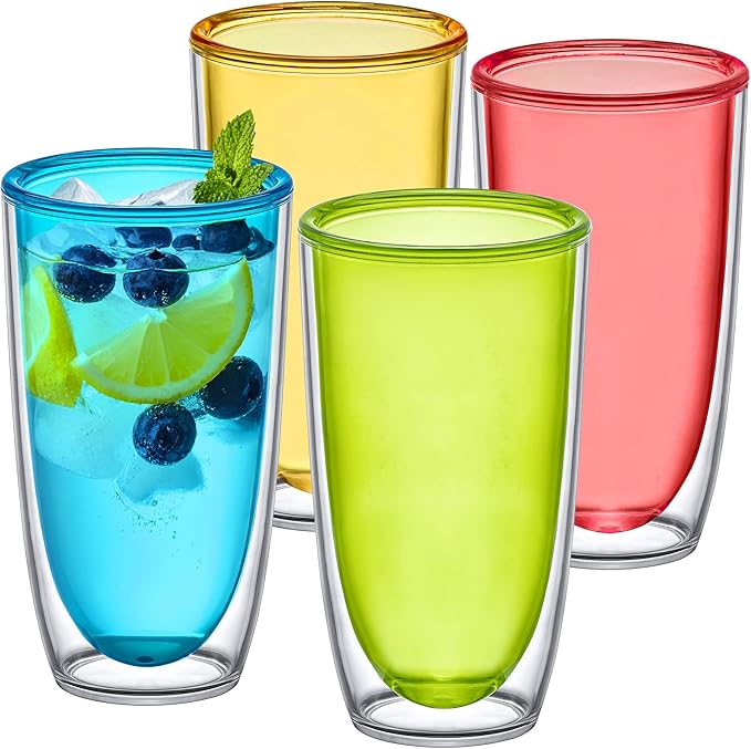 Amazing Abby - Andes - 22-Ounce Insulated Plastic Tumblers (Set of 4), Double-Wall Plastic Drinking Glasses, Mixed-Color Reusable Cups, BPA-Free, Shatter-Proof, Dishwasher-Safe