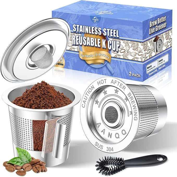 AANQQ Reusable K Cups for Keurig: Upgraded Dual-Layer Mesh Stainless Steel K Cup - Refillable Metal Coffee Pods Filter Fit Keurig 1.0 Coffee Maker - Richer Coffee/NO-Residue/Eco-Friendly (2-Pack)