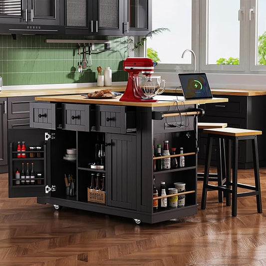 Yayzy Rolling Kitchen Island with Drop Leaf & Storage, Mobile Kitchen Cart on Wheels with 5 Open Shelves, Towel Rack & Power Outlet for Kitchen and Dining Room, Black, 53-Inch