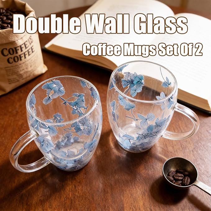 Viovian 13oz Double Wall Glass Coffee Mugs Set of 2 Insulated Glass Coffee Cups with Handles,Clear Dried Flower Tea Mug for Hot Beverages,Tea Cup Women Birthday Gifts