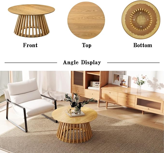 DUOMAY Modern Solid Wood Round Coffee Table with Geometric Base, Sturdy Wood Center Table for Living Room, Lounge, Office, Log Color