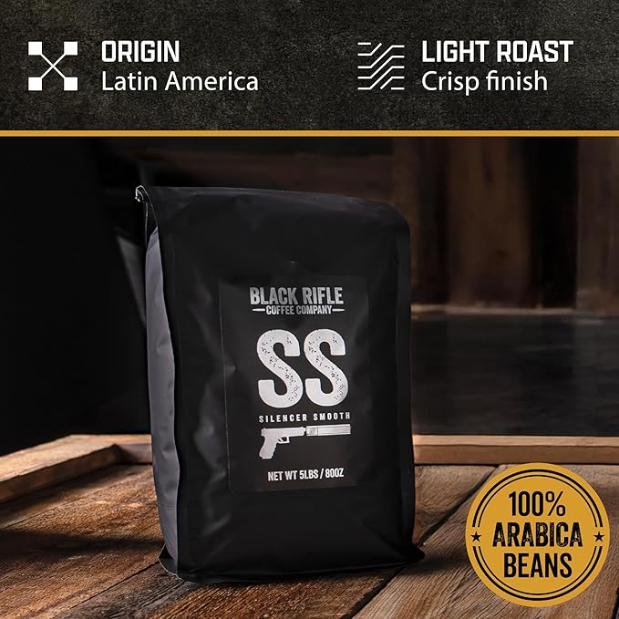Black Rifle Coffee Company Silencer Smooth, 5 lb Bag, Ground Coffee Light Roast - Roasted Blend Made from Arabica Beans - Colombian & Brazilian Beans - Veteran Founded & American Made