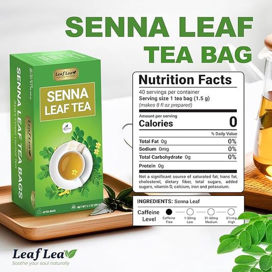 LeafLea 80 Senna Leaf Tea Bags – Natural Herbal Laxative Tea, Supports Gentle Constipation Relief & Healthy Digestion, Caffeine-Free, Sugar-Free, No Gluten, Non-GMO, Vegan, Individually Wrapped