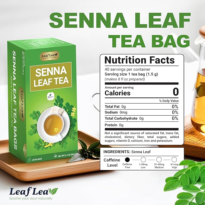 LeafLea 120 Senna Tea Bags – Pure Senna Herbal Laxative Tea, Naturally Supports Constipation Relief & Digestive Cleanse, Caffeine-Free, No Sugar, No Gluten, Non-GMO, Vegan, Individually Wrapped