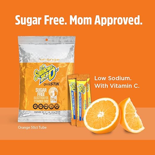 Sqwincher Zero Qwik Stik, Orange, Sugar Free, Low Calorie, Low Sodium Electrolyte Powder Hydration Drink Mix, .11 0z Packet (Pack of 50)