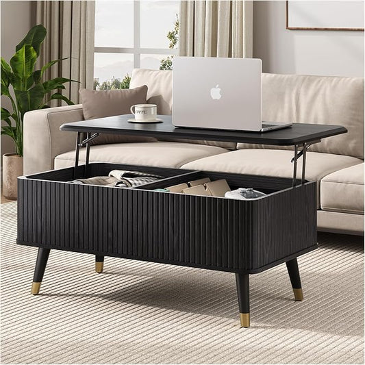 Lift Top Coffee Table with Storage, Modern Black Fluted Design, Pop-Up Center Table with Hidden Compartment for Living Room & Home Office Work/Dining