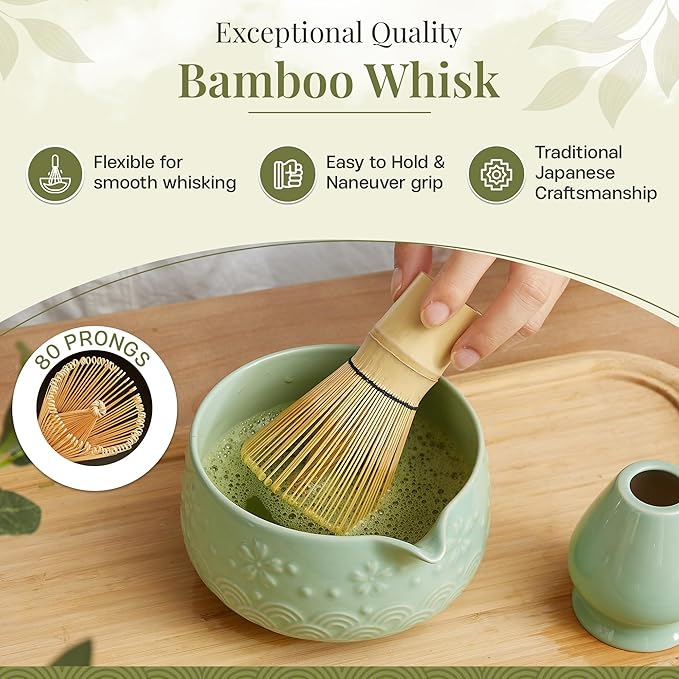 Matcha Whisk Set 9pcs – Matcha Tea Set with Ceramic Matcha Bowl, Bamboo Whisk (Chasen), Scoop, Sifter | Matcha Kit for Japanese Tea Ceremony & Beginners(Green)
