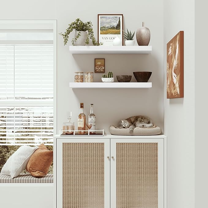 Vivelove Floating Shelves for Wall 24 inchs Long, 9.1” deep Wall Shelf for Bedroom, Bathroom, Living Room, Kitchen, Office Home Decor, Deep Wood Shelves with Invisible Brackets, Set of 2 White